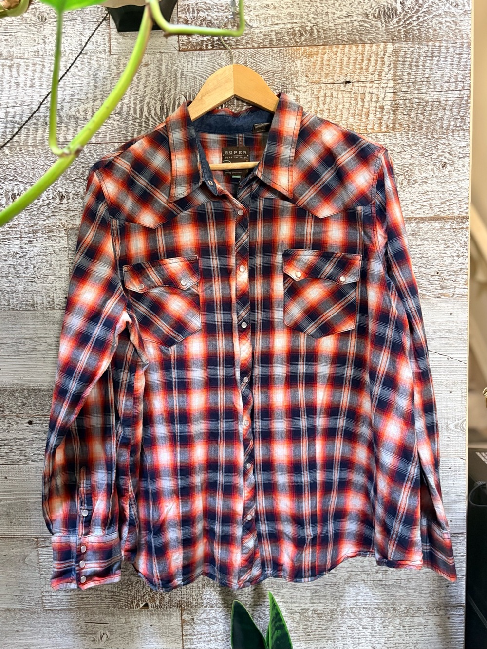 Roper | "Wear the West" Plaid Pearl-Snap Western Shirt - Men's XL, Red/Navy/Orng
